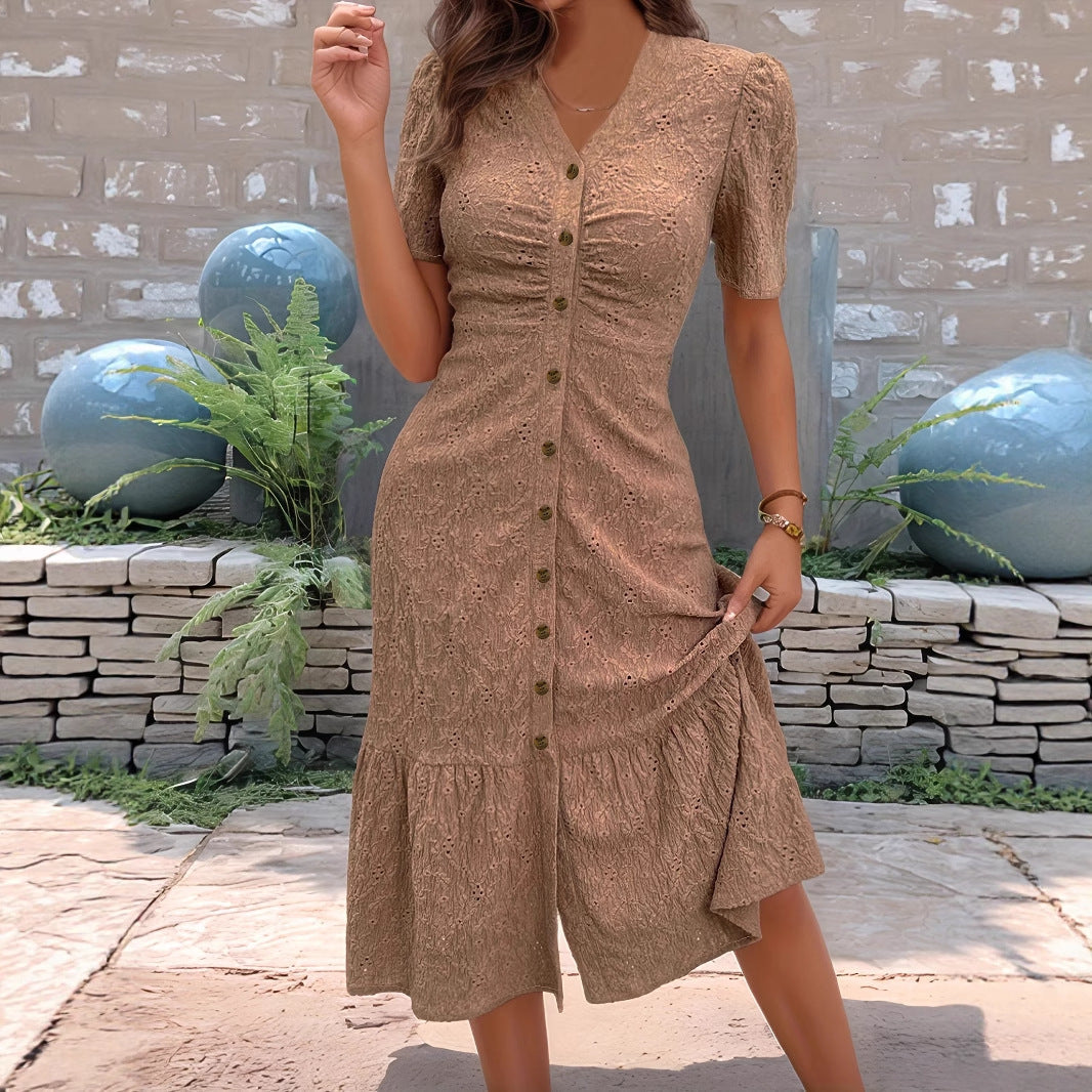 Damen Midikleid mit romantischen Rüschendetails und Knopfverschluss Fudus