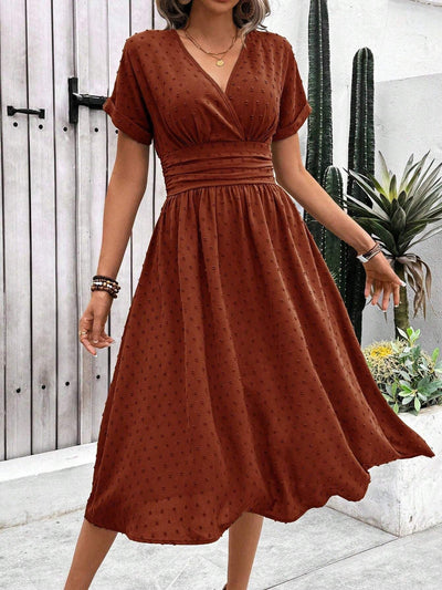 Damen midi Kleid mit gerafftem Oberteil und V-Ausschnitt Fudus