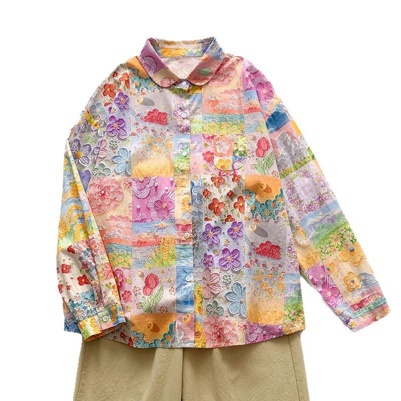 Damen Langarmhemd mit buntem Patchwork-Design Fudus