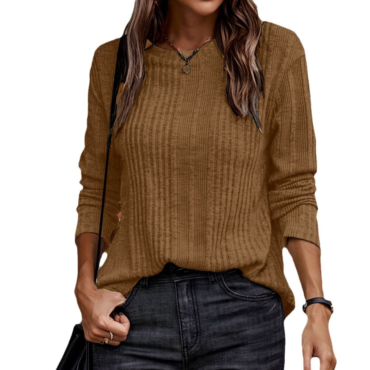 Damen Strukturierte Langarm-Bluse mit elegantem V-Ausschnitt Fudus