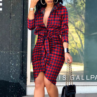 Damen Knielanges Hemdblusenkleid mit kreativem grafischen Muster und taillierbarem Gürtel Fudus