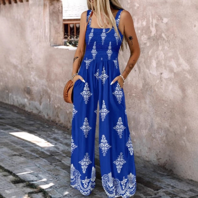 Damen luftiger Jumpsuit mit floralem Design und praktischen Taschen Fudus