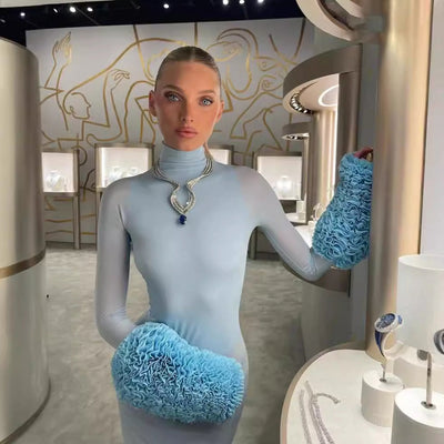 Damen Langarm Maxikleid mit hohem Kragen und figurbetontem Schnitt Fudus