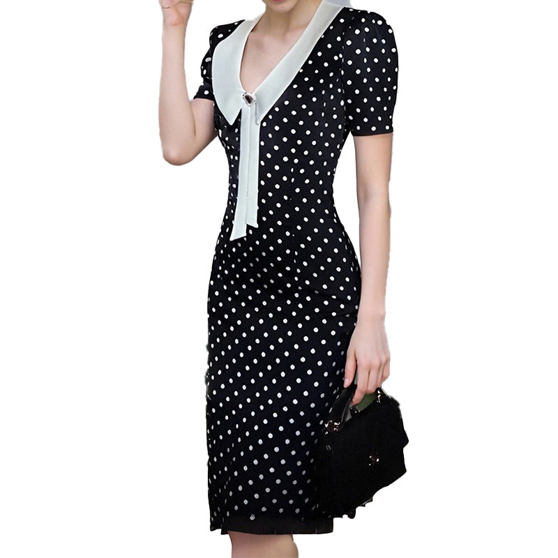 Damen figurbetontes Polka-Dot Kleid mit schickem Kragen Fudus