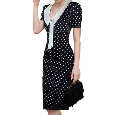 Damen figurbetontes Polka-Dot Kleid mit schickem Kragen Fudus