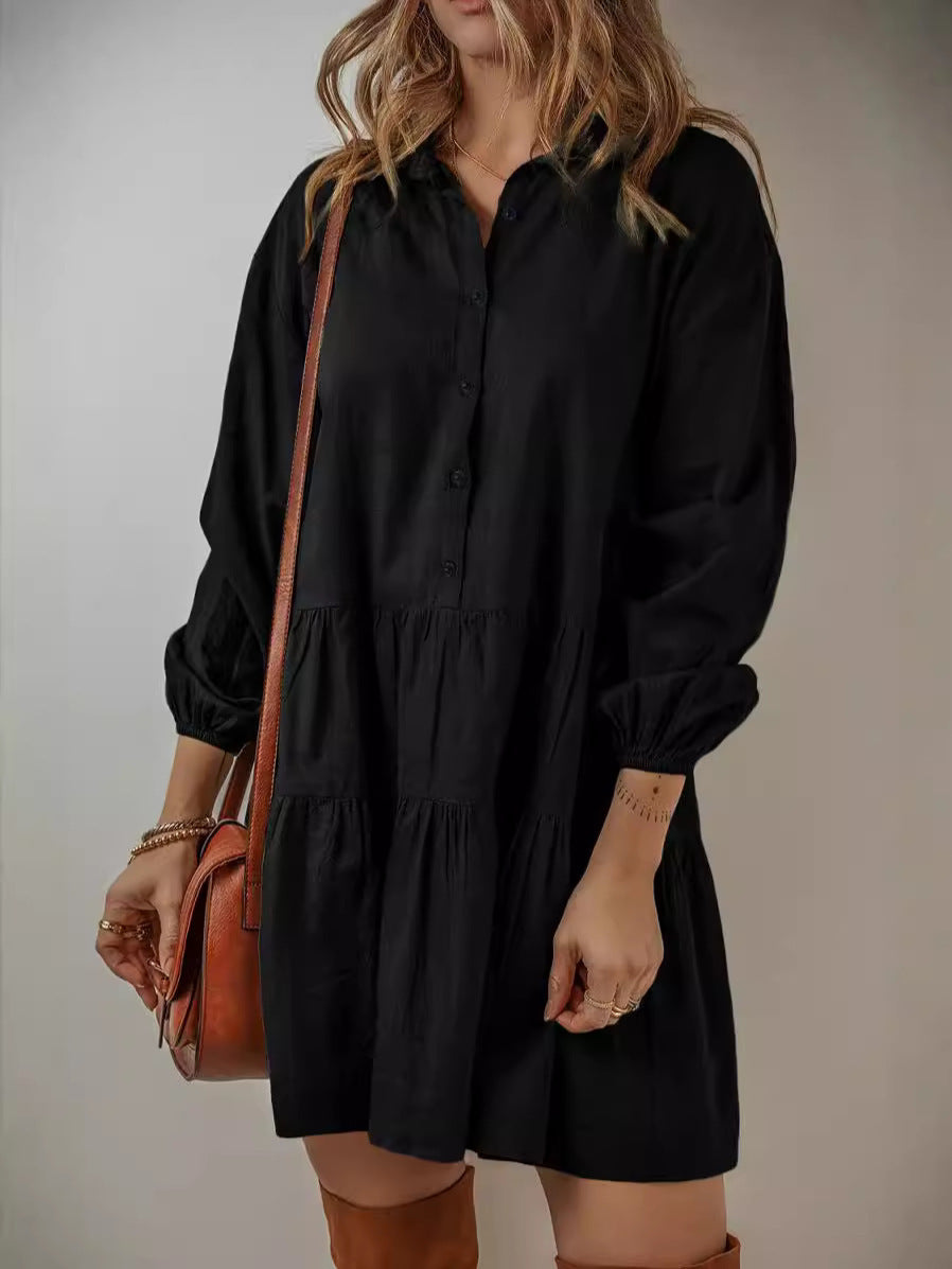 Damen Langärmliges Smockkleid mit Knopfdetails und Rüschen Fudus