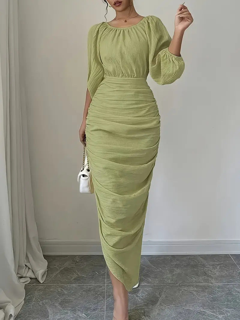 Damen Elegantes und figurbetontes Maxikleid mit Puffärmeln Fudus