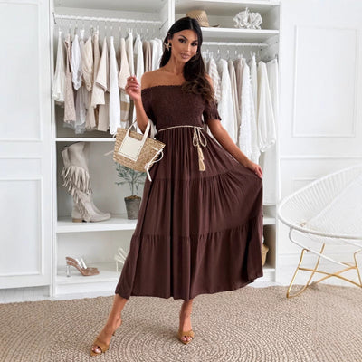 Damen Off-Shoulder Maxikleid mit Raffungen und Taillengürtel Fudus