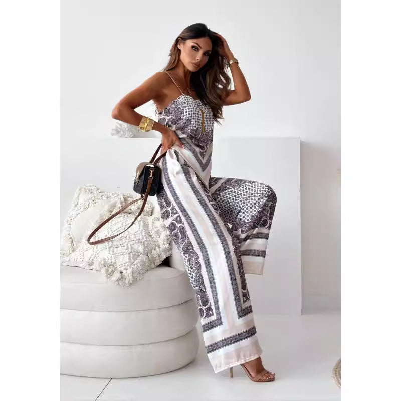 Damen eleganter Jumpsuit mit raffiniertem Print und weiten Beinen Fudus