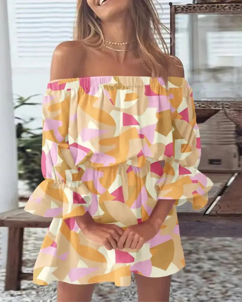 Damen luftiges Off-Shoulder Kleid mit Rüschendetails und floralem Muster Fudus