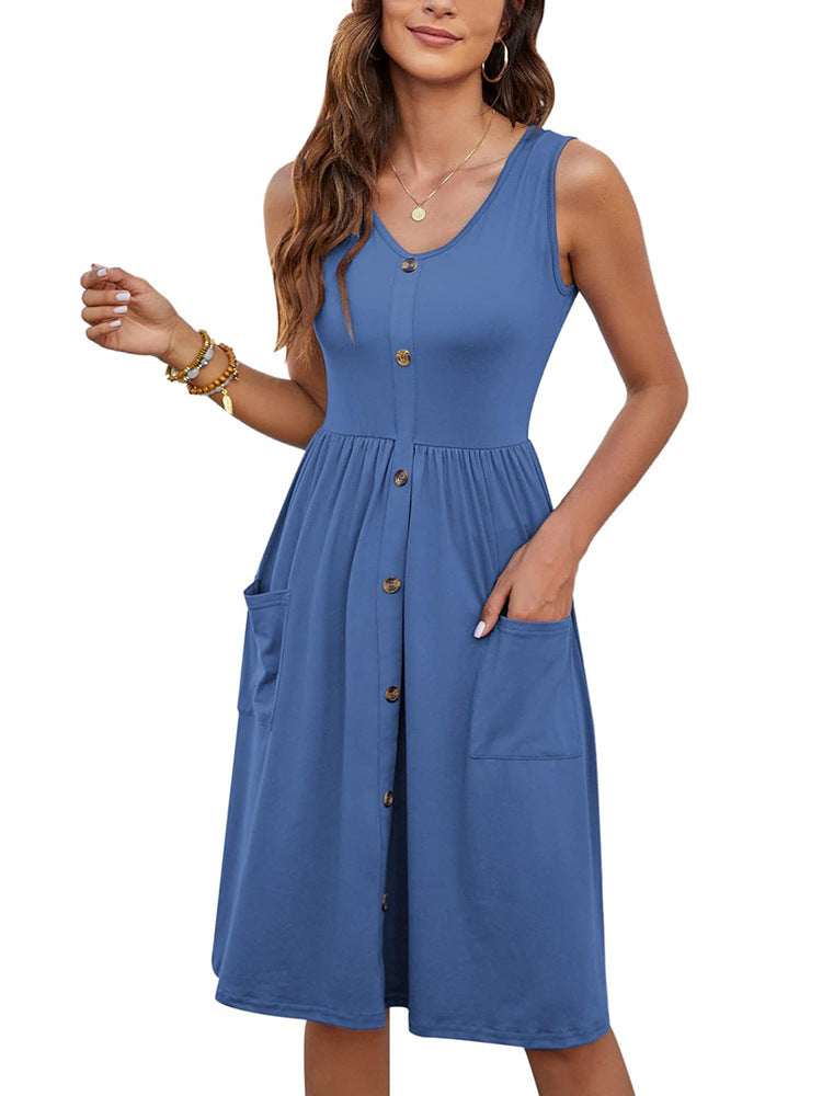 Damen Lässiges Midi-Kleid mit Knopfdetails und praktischen Taschen Fudus