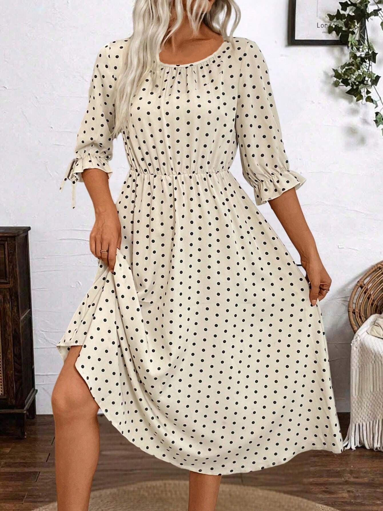 Damen Retro-Dot Kleid mit elastischer Taille und voluminösen Ärmeln Fudus