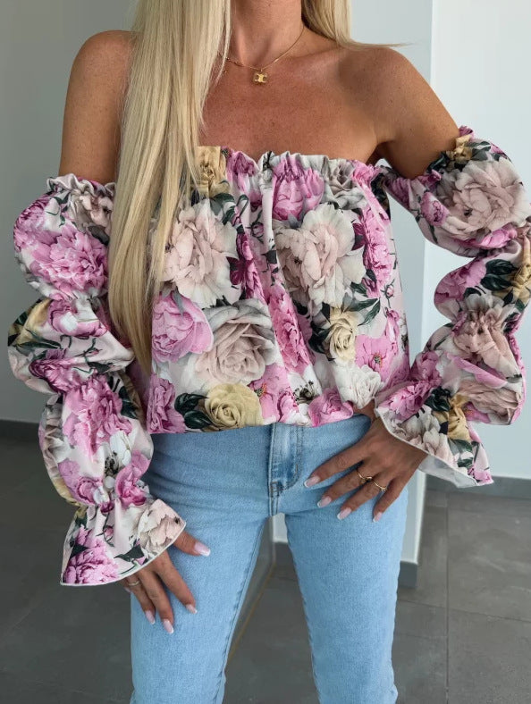 Damen Off-Shoulder Bluse mit Rüschendetails und floralem Muster Fudus