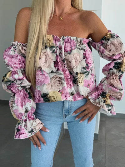 Damen Off-Shoulder Bluse mit Rüschendetails und floralem Muster Fudus