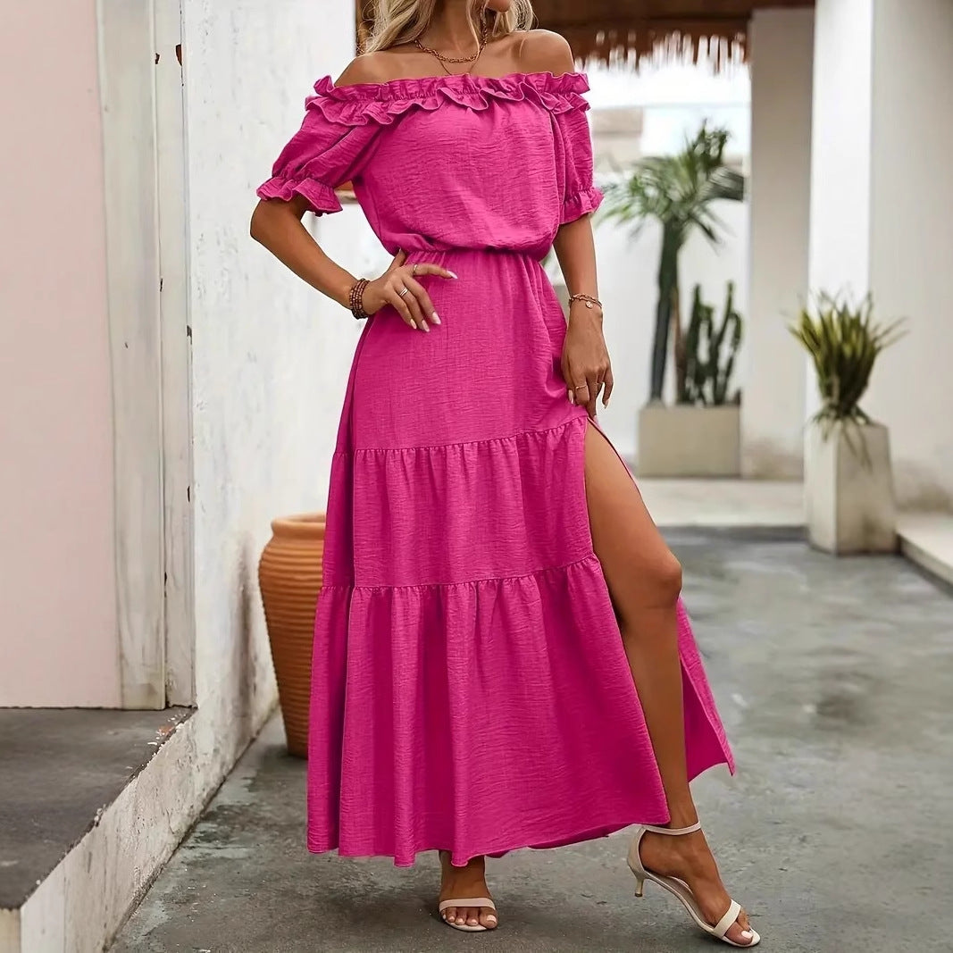 Damen Off-Shoulder Maxikleid mit Rüschendetails und femininem Volant Fudus