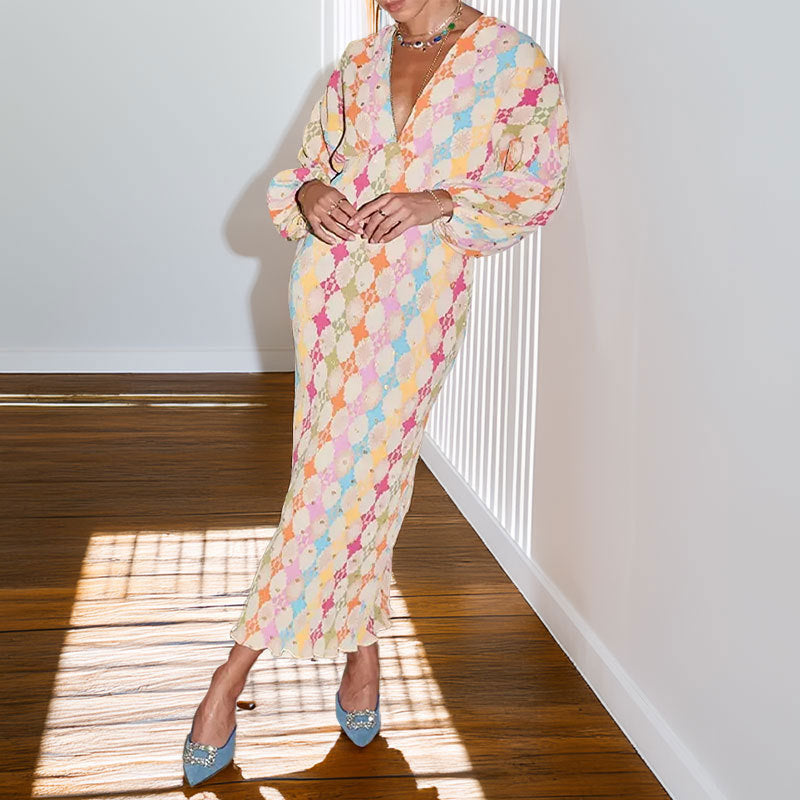 Damen Maxikleid mit kreativem Rautenmuster und voluminösen Ärmeln Fudus