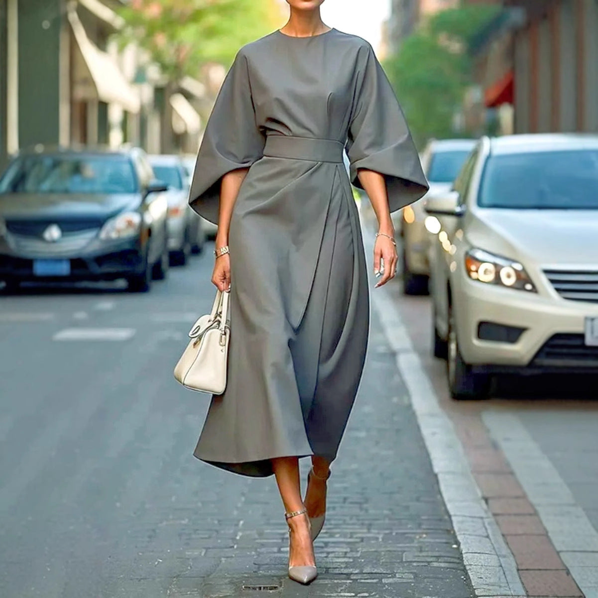 Damen Maxikleid mit voluminösen Ärmeln und schickem Gürtel Fudus