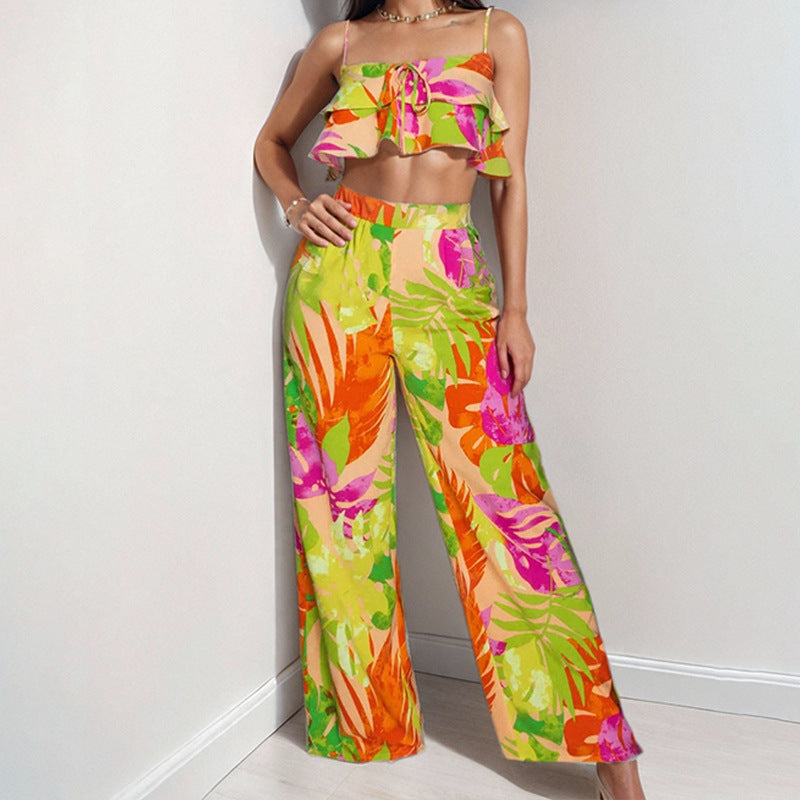 Damen Zweiteiliges Sommeroutfit mit Rüschenshirt und weiten Hosen Fudus