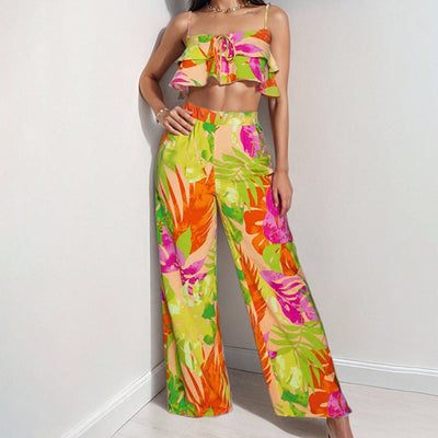 Damen Zweiteiliges Sommeroutfit mit Rüschenshirt und weiten Hosen Fudus