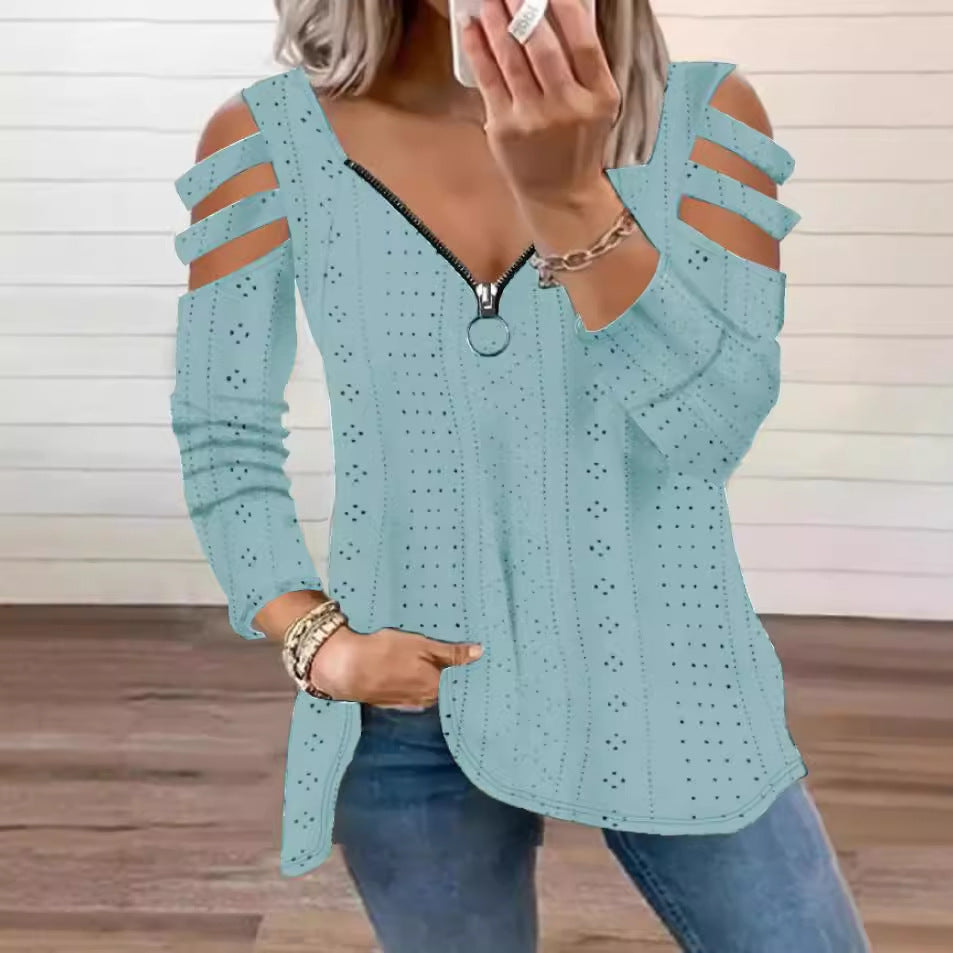 Damen Langarmshirt mit trendigen Cut-Outs und praktischem Reißverschluss Fudus