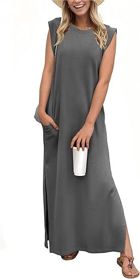 Damen lässiges Maxi-Kleid mit seitlichen Taschen Fudus