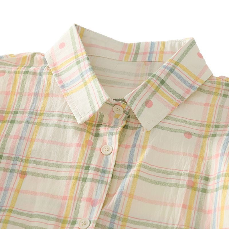 Damen Karierte Kurzarmbluse mit Brusttasche und lockerer Passform Fudus