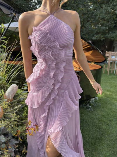 Damen Plissee-Kleid mit asymmetrischem Schnitt und Rüschen Fudus