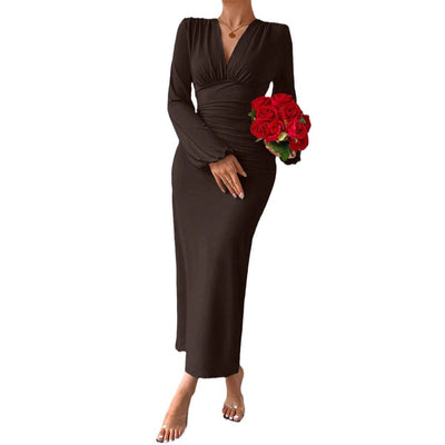 Damen figurbetontes Wickelkleid mit V-Ausschnitt und Rüschendetails Fudus