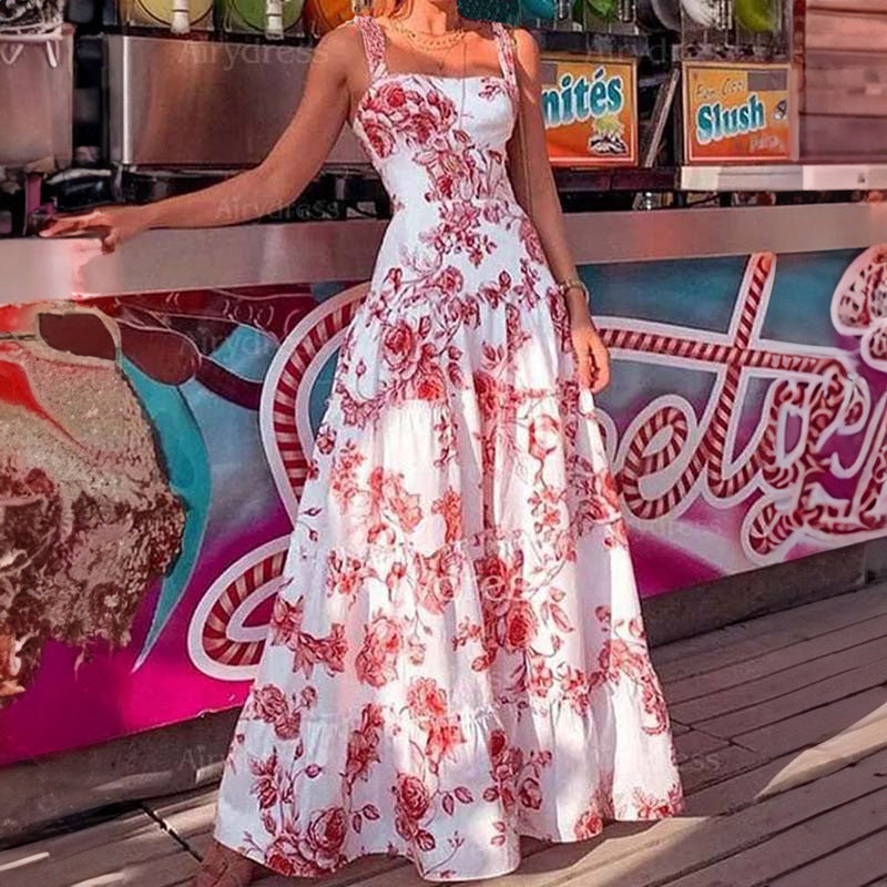 Damen Maxikleid mit floralen Motiven und schwingendem Rock Fudus