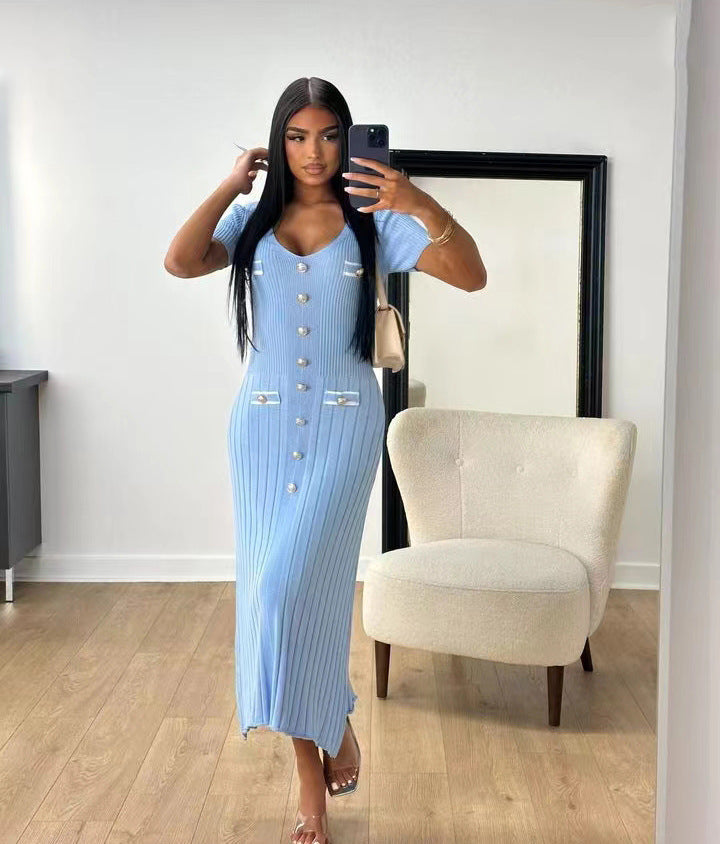 Damen Rippstrick Maxikleid mit Knopfdetails und V-Ausschnitt Fudus