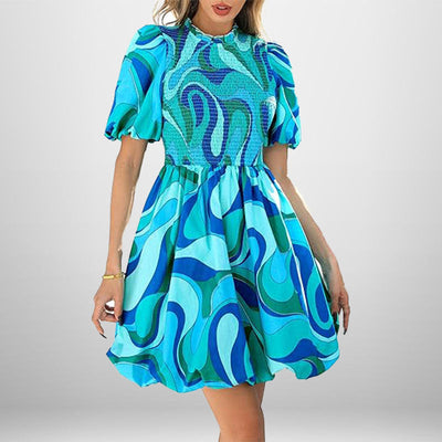 Damen Kurzarm Kleid mit elastischem Oberteil und schwingendem Rock Fudus