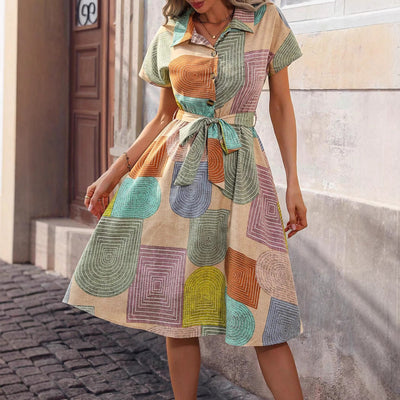 Damen Hemdblusenkleid mit buntem geometrischen Muster Fudus