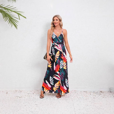 Damen Maxikleid mit zartem V-Ausschnitt und buntem Pflanzenmuster Fudus