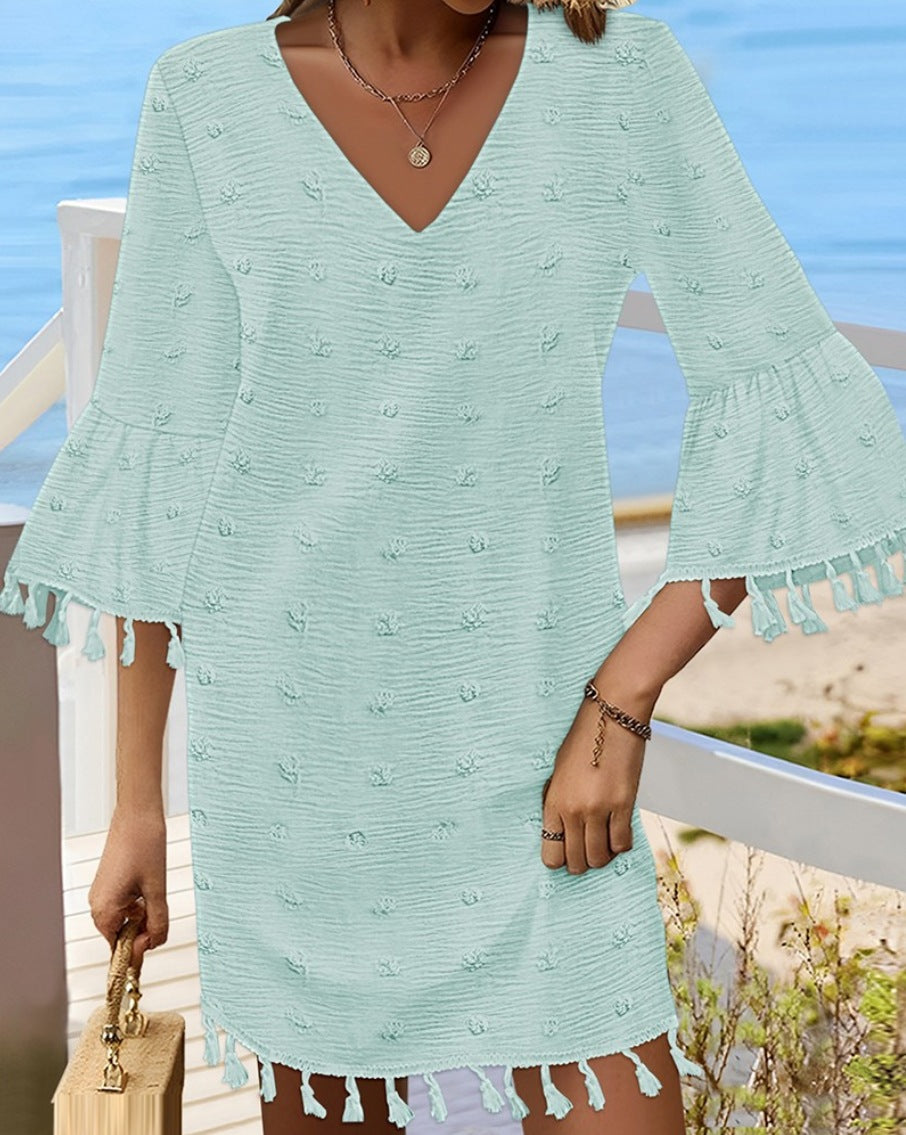 Damen Freizeitkleid mit V-Ausschnitt und ausgestellten Ärmeln Fudus