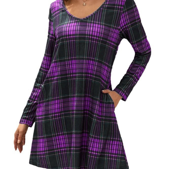 Damen V-Ausschnitt Karo-Kleid mit praktischen Taschen und weitem Schnitt Fudus