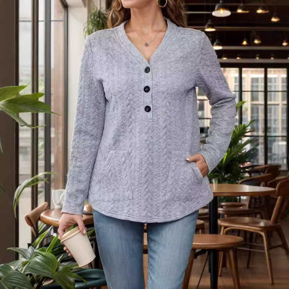 Damen Freizeitpullover mit Druckknöpfen und praktischen Taschen Fudus