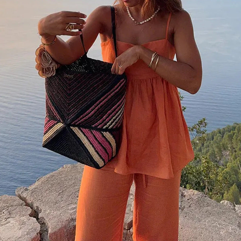 Damen luftige Sommerbluse mit weitem Schnitt und lockeren Hose Fudus