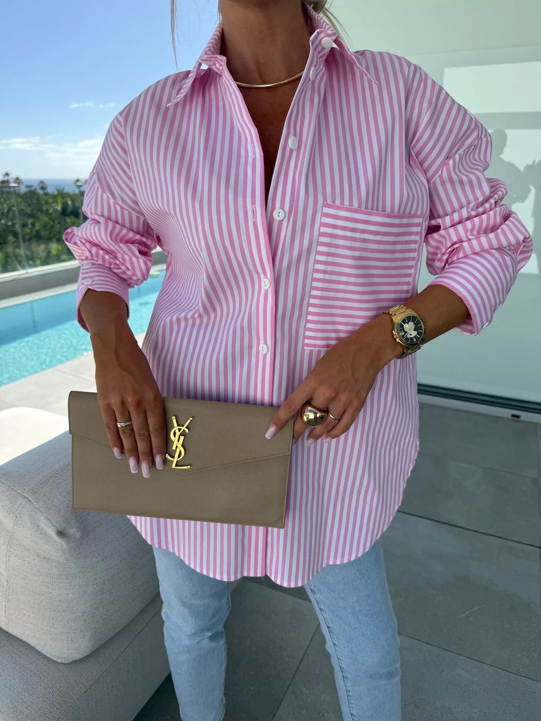 Damen stilvolles Hemd mit schickem Streifenmuster und Brusttasche Fudus