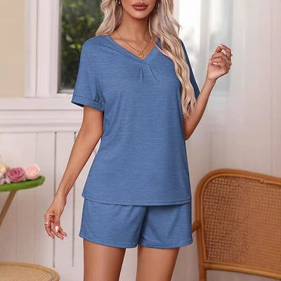 Damen lässiges Lounge-Set mit lässigem V-Ausschnitt und kurzen Ärmeln Fudus
