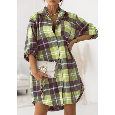 Damen Flanell-Hemdkleid mit Karomuster und langen Ärmeln Fudus