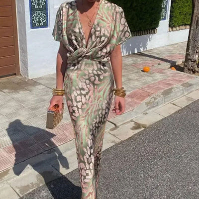 Damen Maxikleid mit elegantem V-Ausschnitt und einzigartigem Muster Fudus