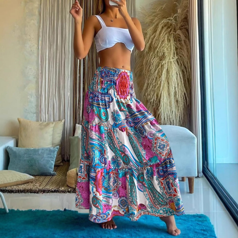 Damen maxilanger Rock mit floralen Mustern und elastischem Bund Fudus