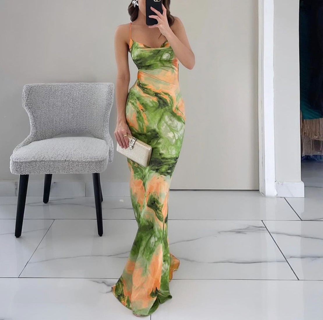 Damen Maxikleid mit einzigartigem Farbverlauf und schmalen Trägern Fudus