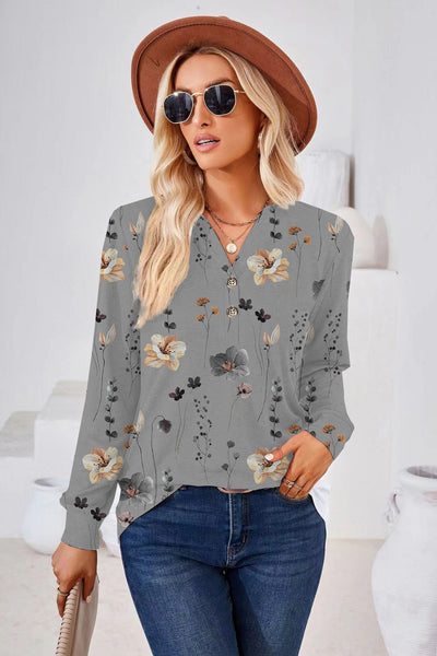 Damen Bluse mit floralem Print und Knopfdetails Fudus