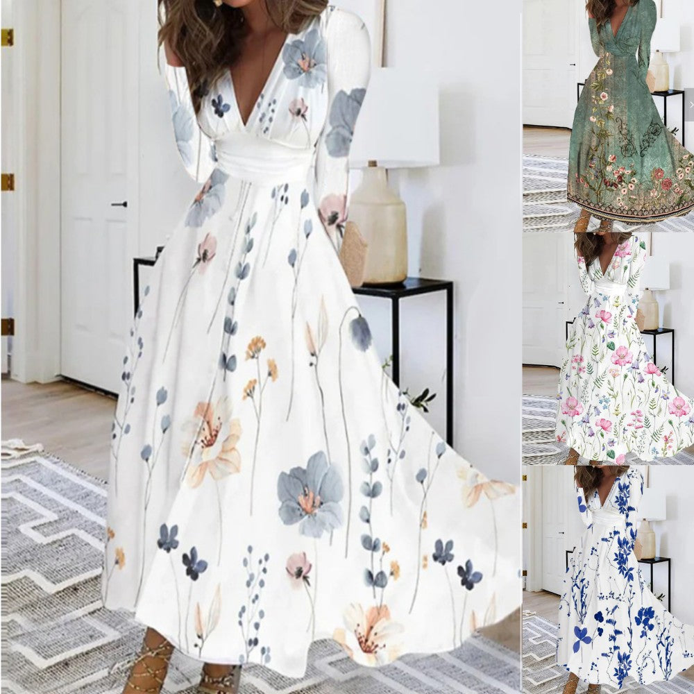 Damen Maxikleid mit floralem Design und V-Ausschnitt Fudus
