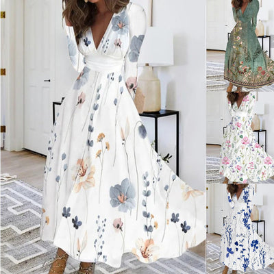Damen Maxikleid mit floralem Design und V-Ausschnitt Fudus