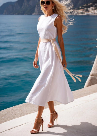 Damen elegantes Midi-Kleid mit taillierbarem Gürtel und schwingendem Saum Fudus