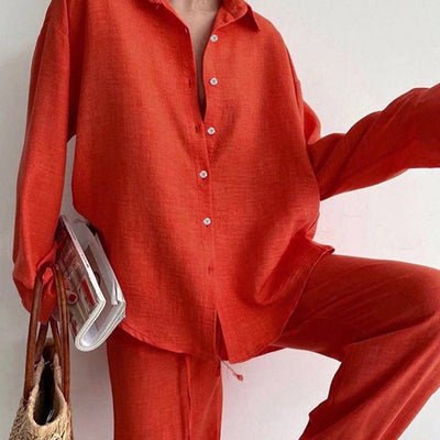 Damen Set aus lässigem Button-Up-Hemd und weit geschnittenen Pants Fudus