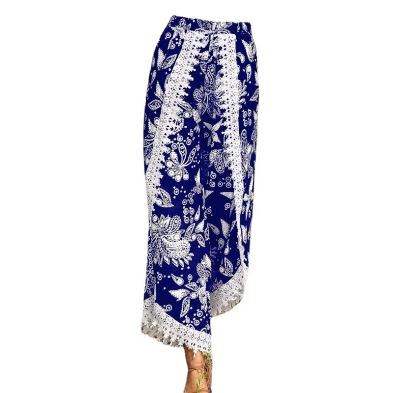 Damen Palazzo-Hose mit floralem Muster und dekorativem Spitzenbesatz Fudus