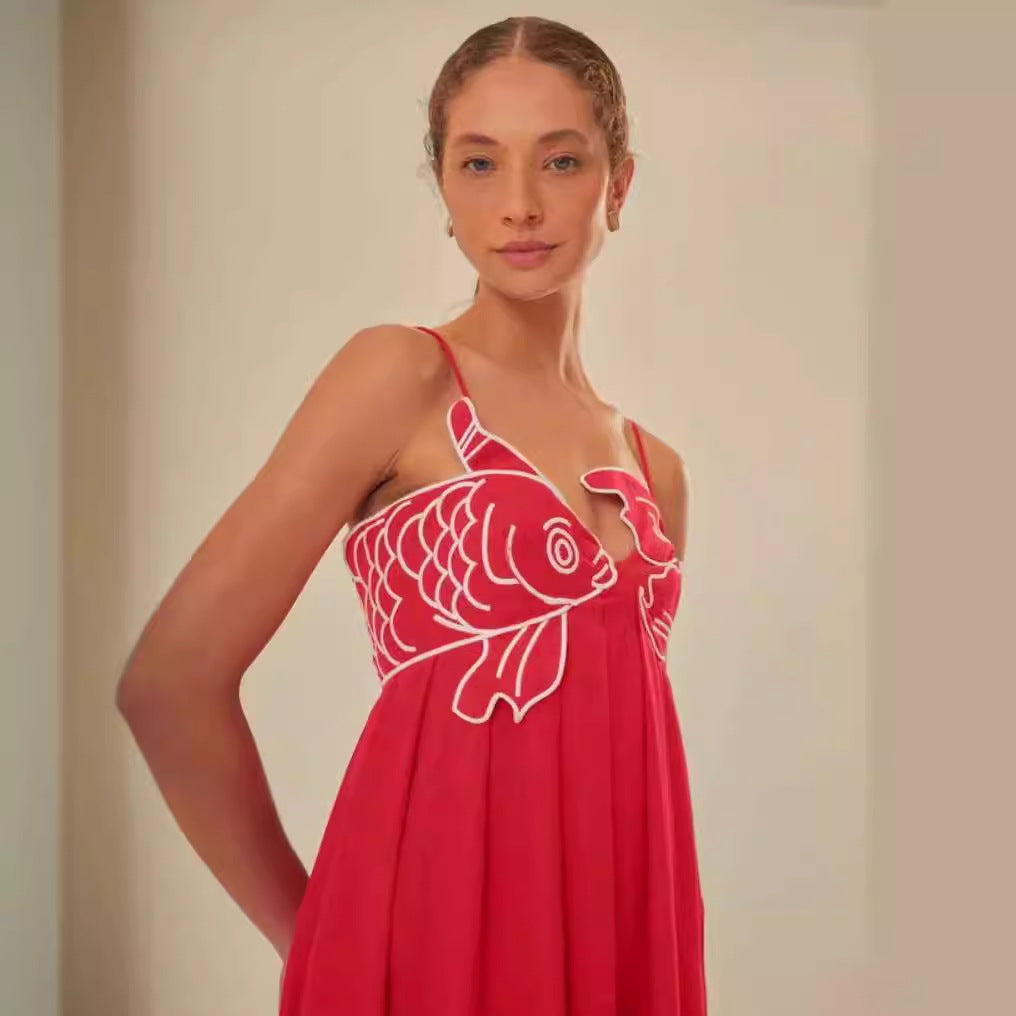 Damen Maxi-Kleid mit Fischmotiv Fudus